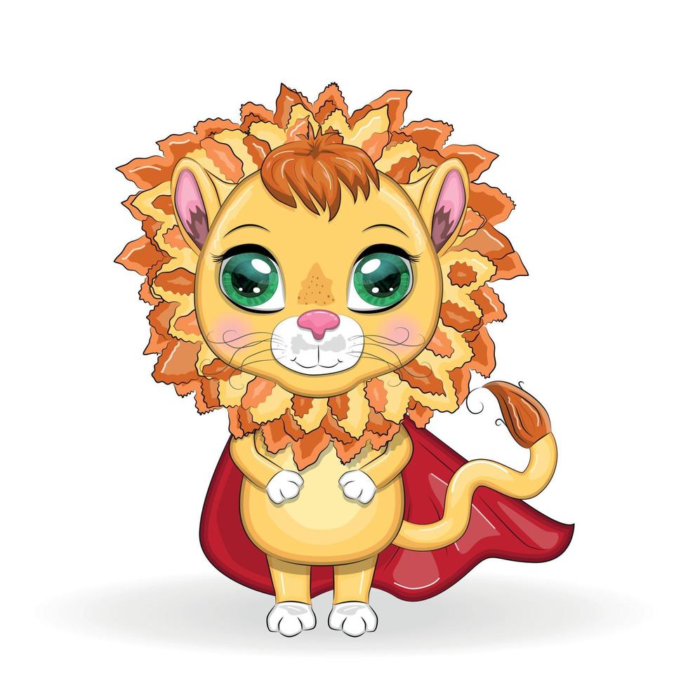 Cartoon lion boy in red super hero cloak with beautiful eyes vector