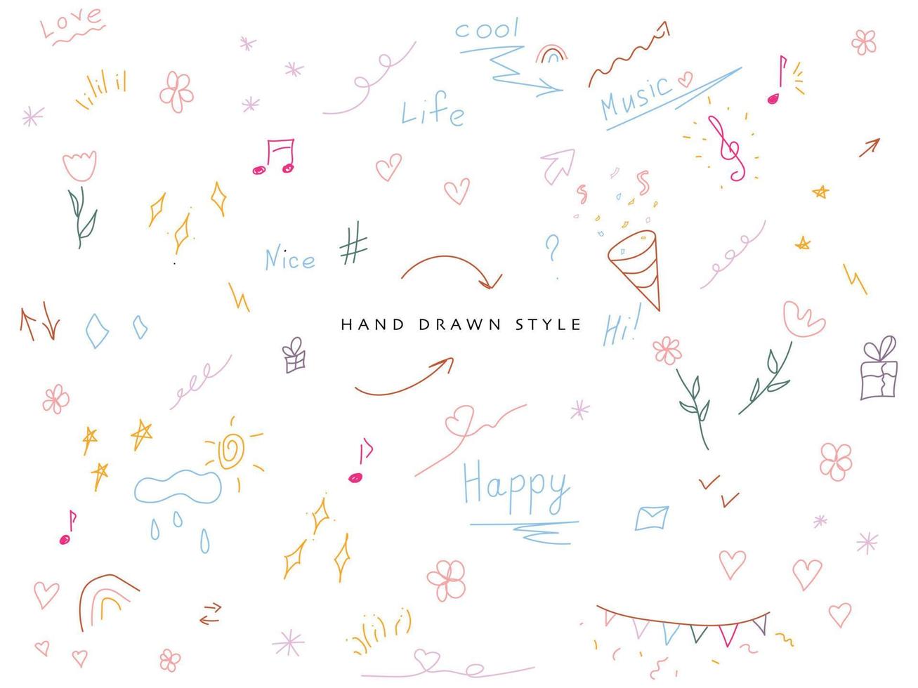 colored set of simple hand drawn decorative illustrations. these are simple drawings of stars, hearts, confetti, lines, notes, treble clef, arrows, flowers and others vector