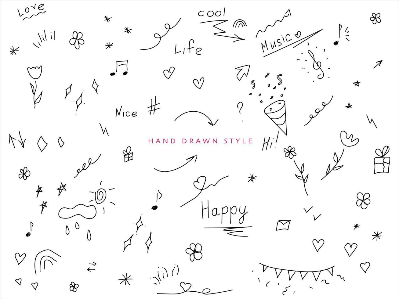 black set of simple hand drawn decorative illustrations. these are simple drawings of stars, hearts, confetti, lines, notes, treble clef, arrows, flowers and others vector