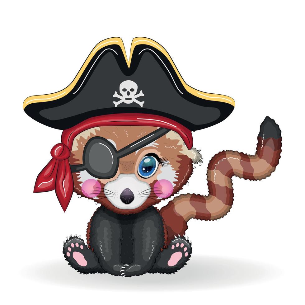 Red panda pirate, cartoon character of the game, wild bear in a bandana and a cocked hat with a skull, with an eye patch. Character with bright eyes vector