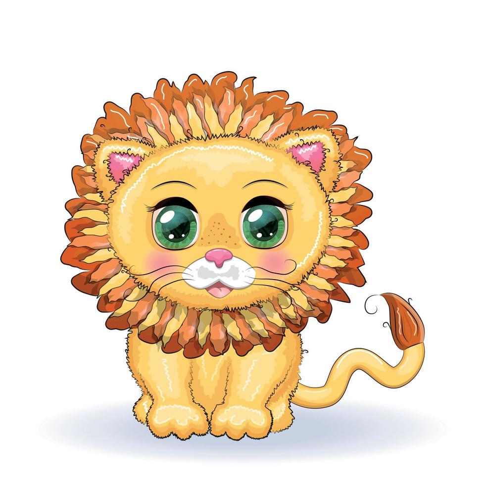 león de dibujos animados con ojos expresivos. animales salvajes, carácter, estilo lindo infantil. vector