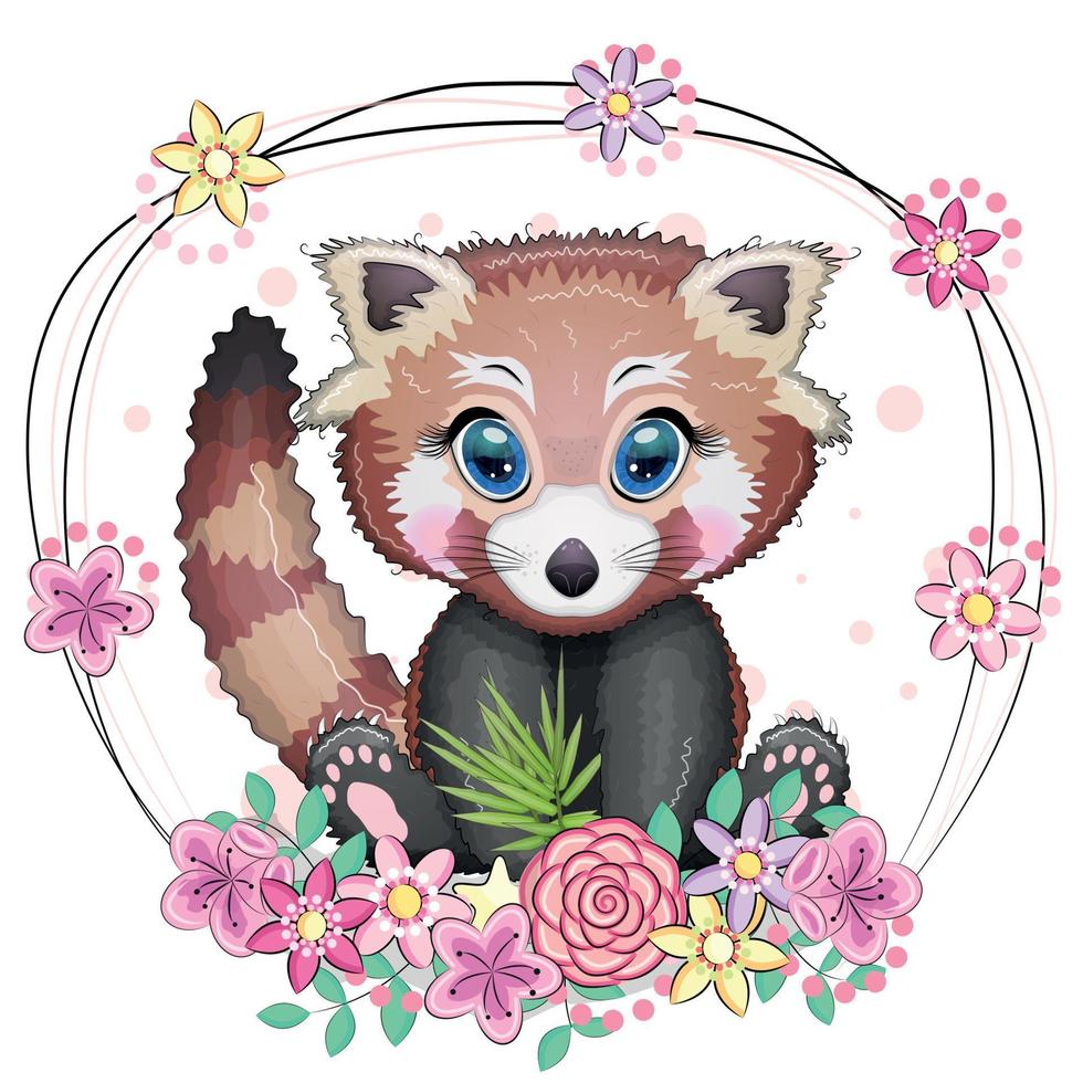 Red panda, cute character with beautiful eyes, bright childish style. Rare animals, red book, bear. vector