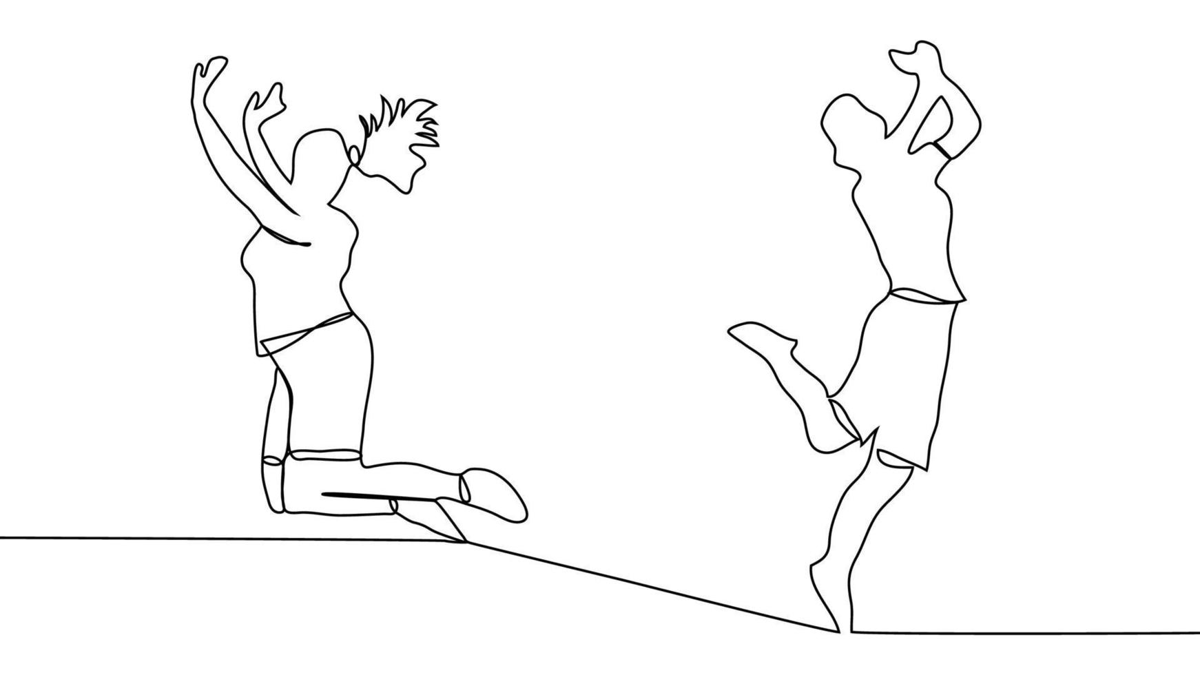 continuous line drawing of four jumping happy team members vector