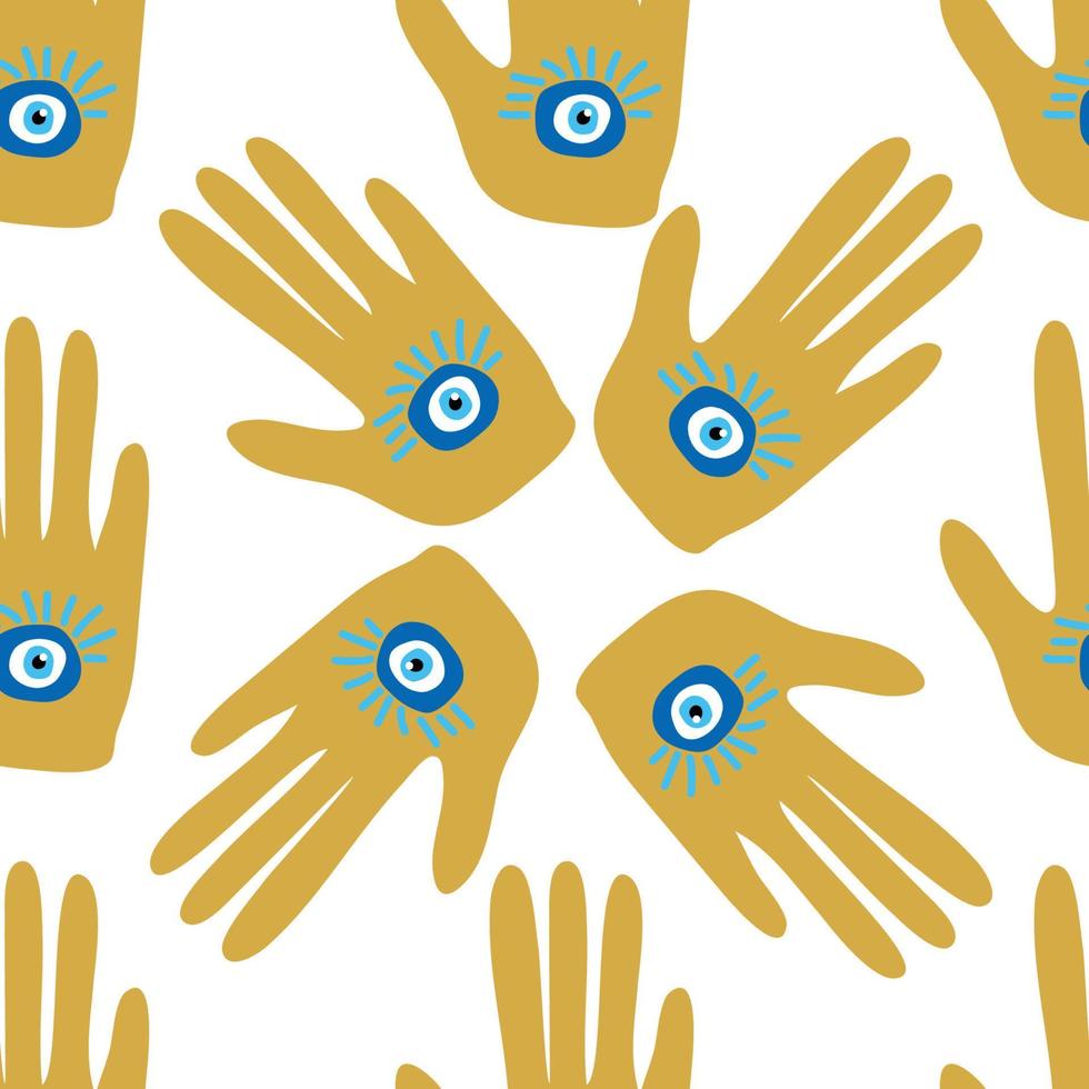 doodle seamless pattern Hamsa eye, magical eye, decor element. Pink, green, golden eyes. Fabric textile vector