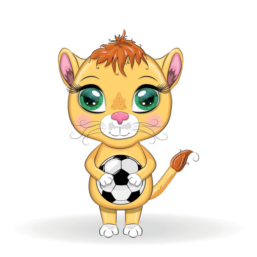 León de dibujos animados con una pelota de fútbol. personaje con hermosos ojos, infantil. concepto de deporte vector