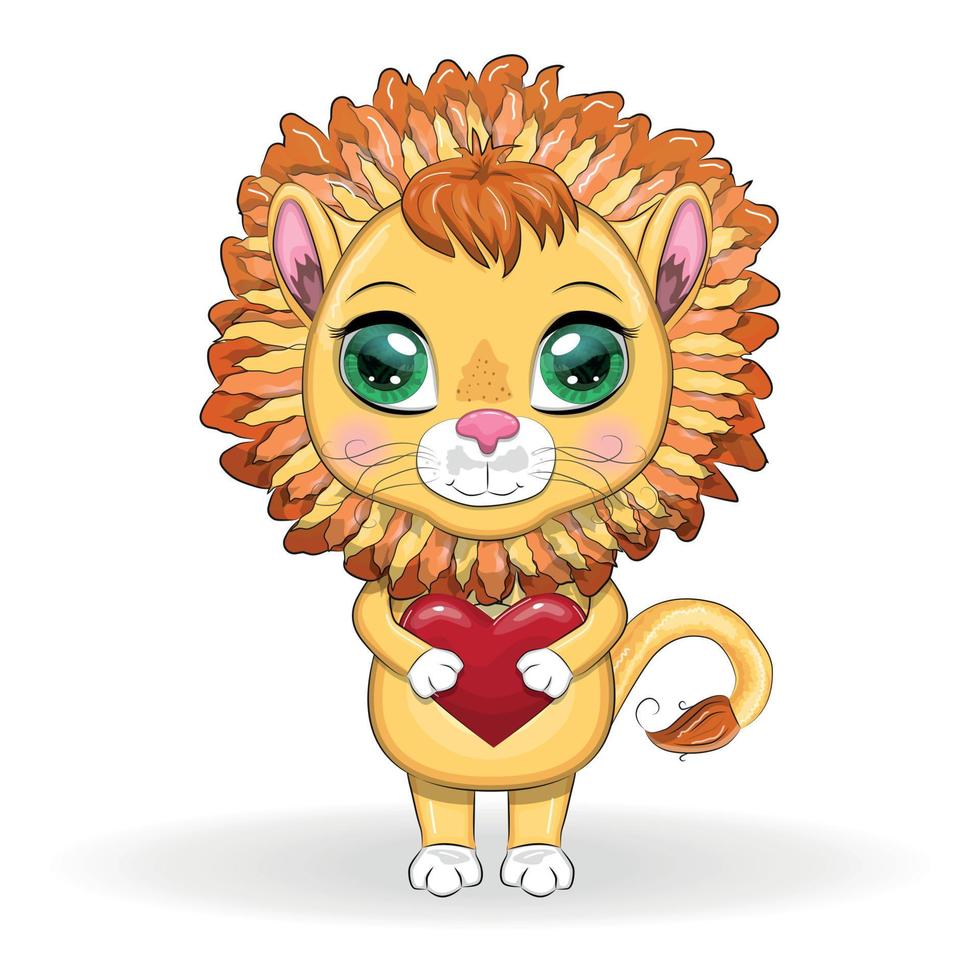 Hand drawn Valentines day card with cute lion with heart, quote Love you forever. vector