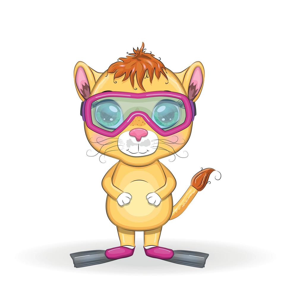 Cartoon lion in flippers, swimming circle, hat, glasses. Character with beautiful eyes, childish. Summer, vacation vector