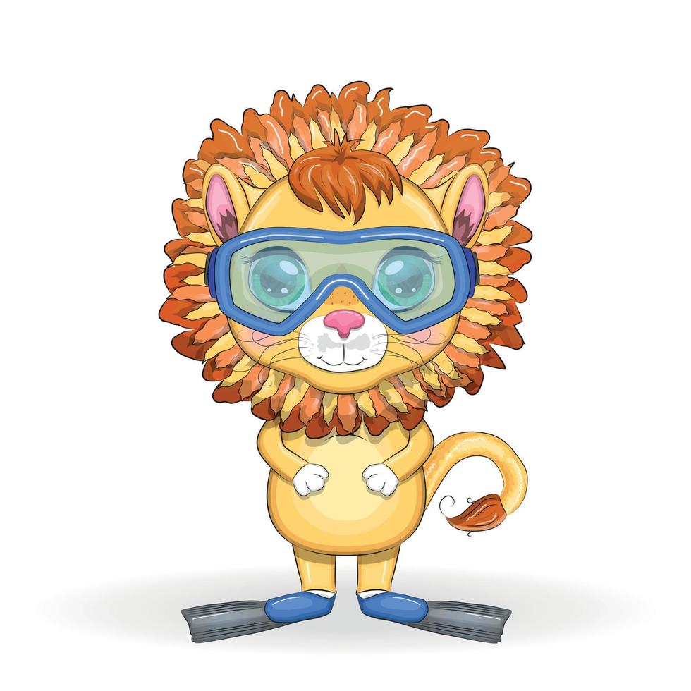 león de dibujos animados en aletas, círculo de natación, sombrero, gafas. personaje con hermosos ojos, infantil. vacaciones de verano vector