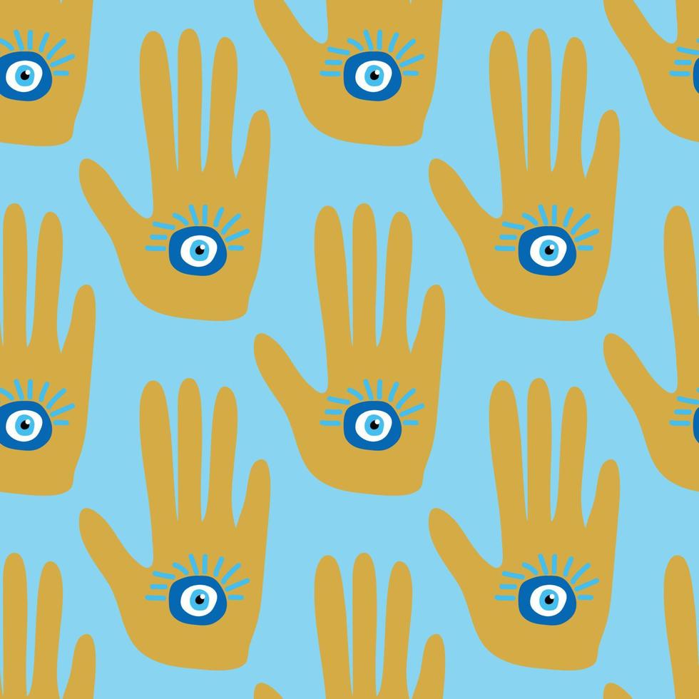 doodle seamless pattern Hamsa eye, magical eye, decor element. Pink, green, golden eyes. Fabric textile vector