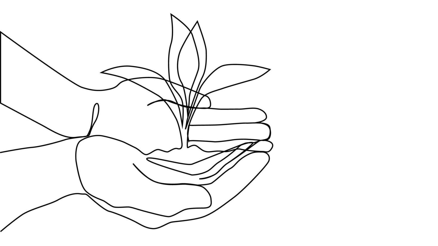 Continuous one line growing sprout in the hands of man, Eco concept vector