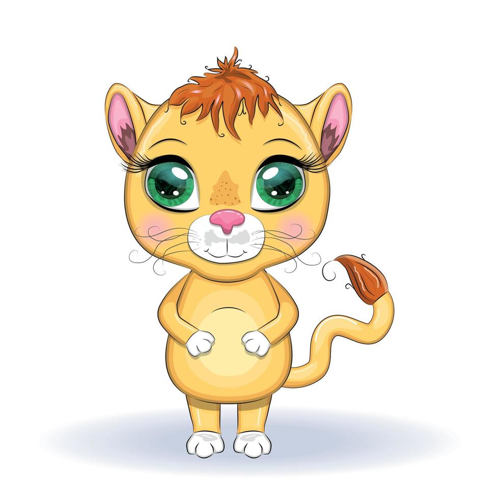 leona de dibujos animados con ojos expresivos. animales salvajes, carácter, estilo lindo infantil. vector