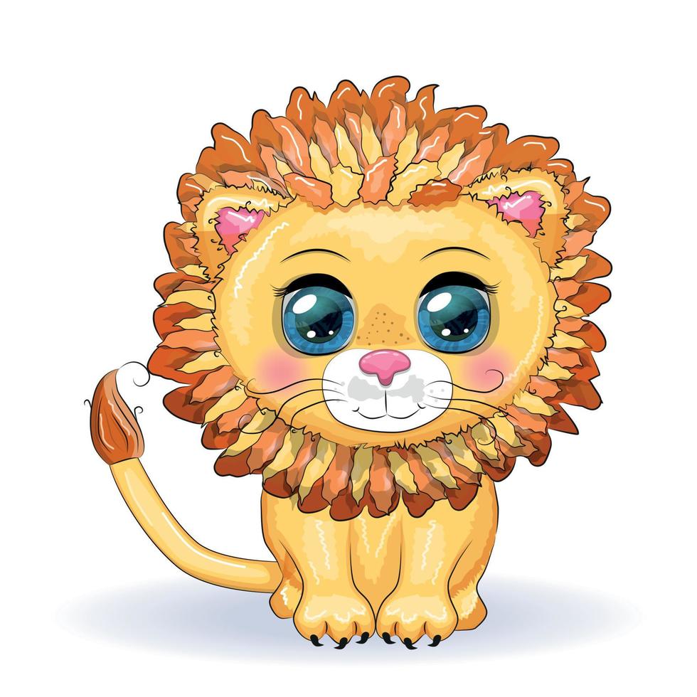 león de dibujos animados con ojos expresivos. animales salvajes, carácter, estilo lindo infantil. vector