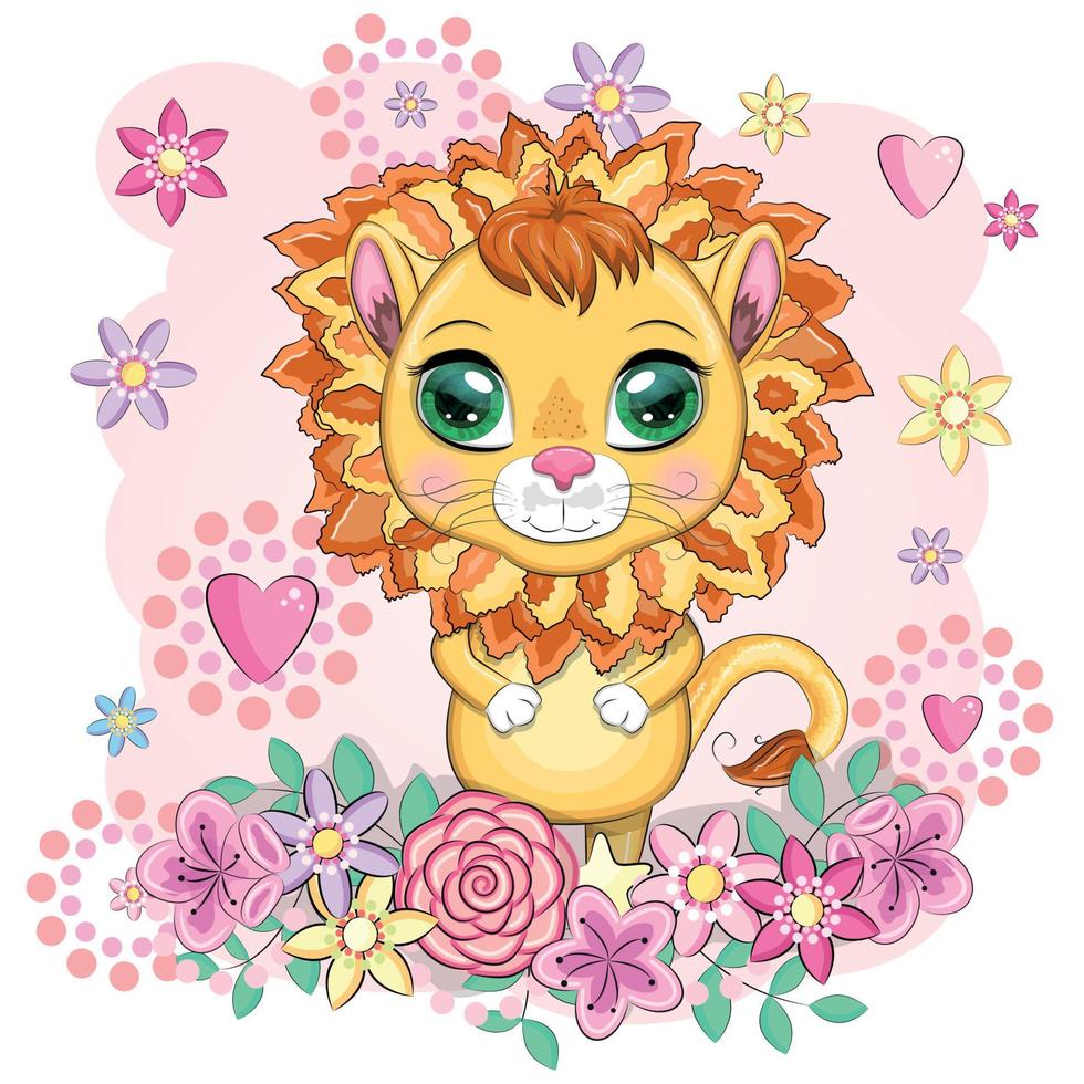 león de dibujos animados con ojos expresivos. animales salvajes, carácter, estilo lindo infantil. vector