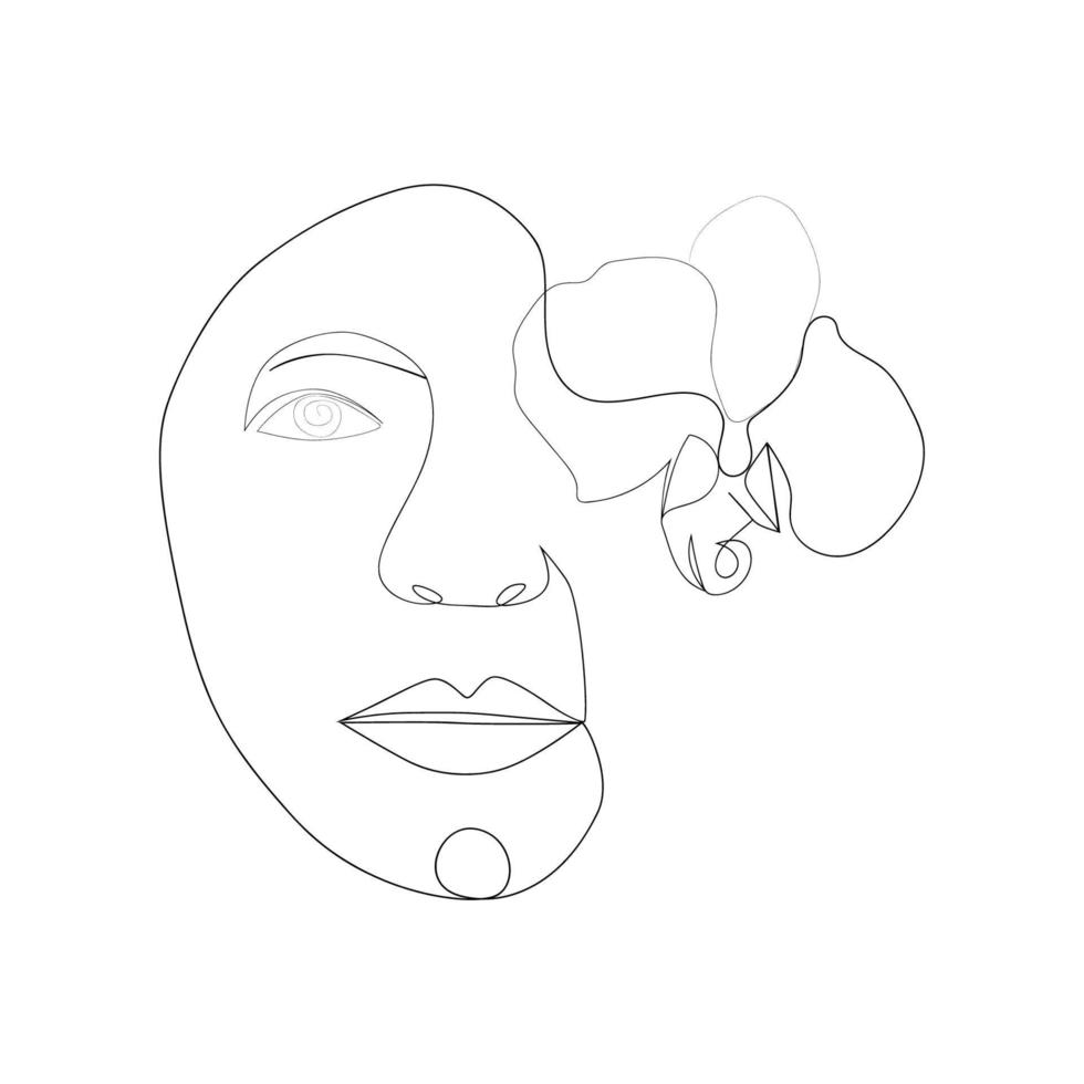 Woman face with flowers one line drawing. Half of the face is a flower. Continuous line drawing art. Nature cosmetics. vector