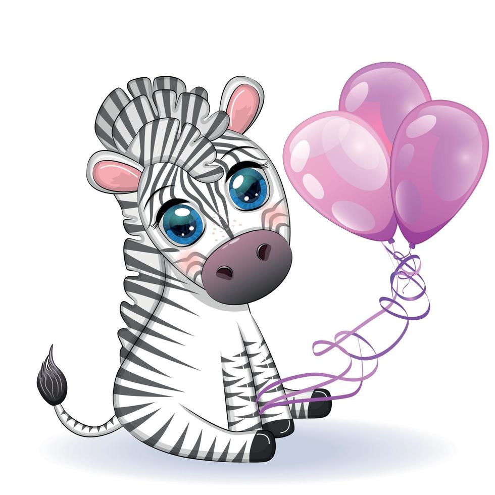 Cute cartoon zebra is sitting and holding balloons. Children's striped character, holiday vector