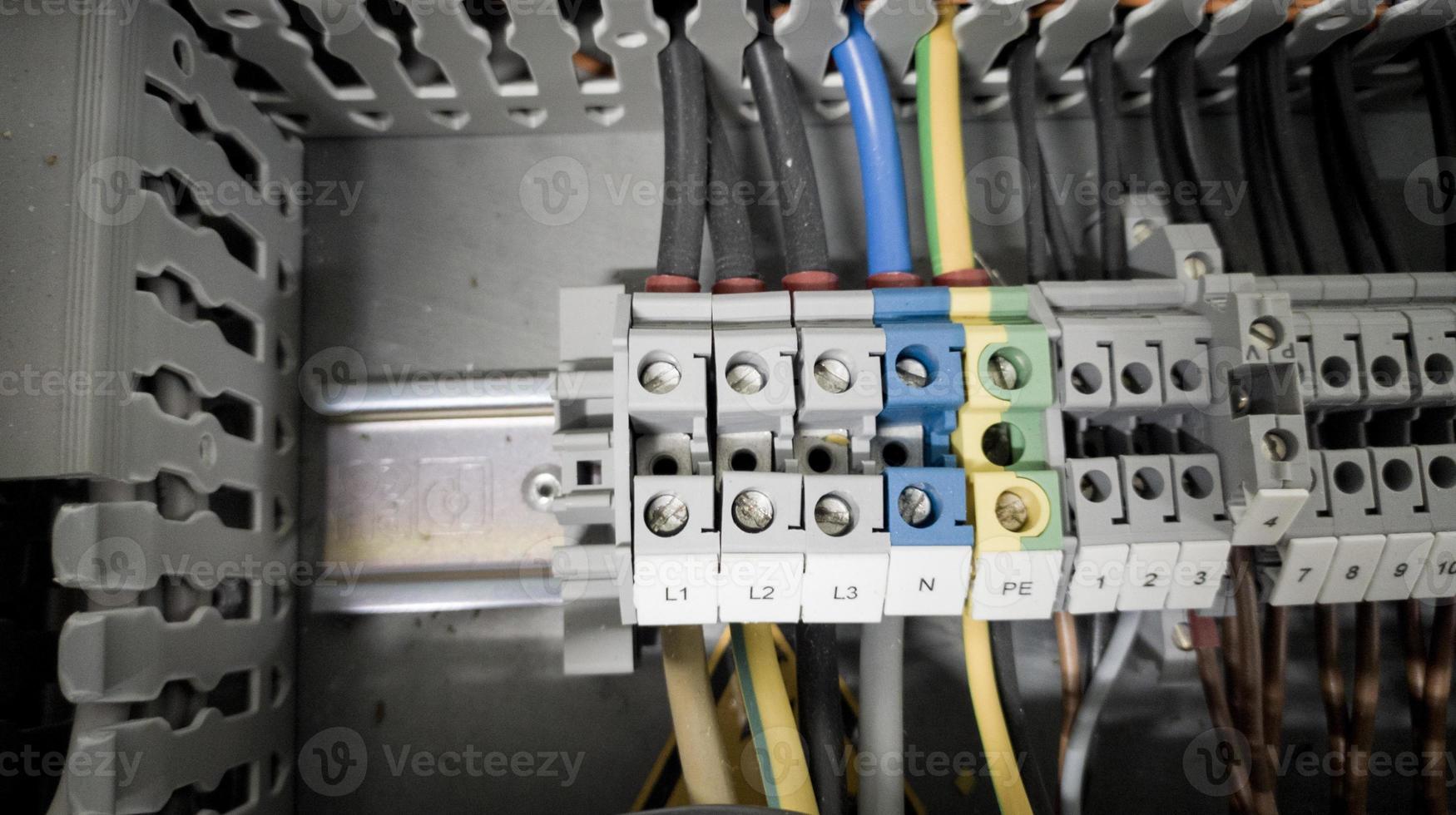 Terminal connection cable power three phase , nol and grounding for panel circuit line. photo