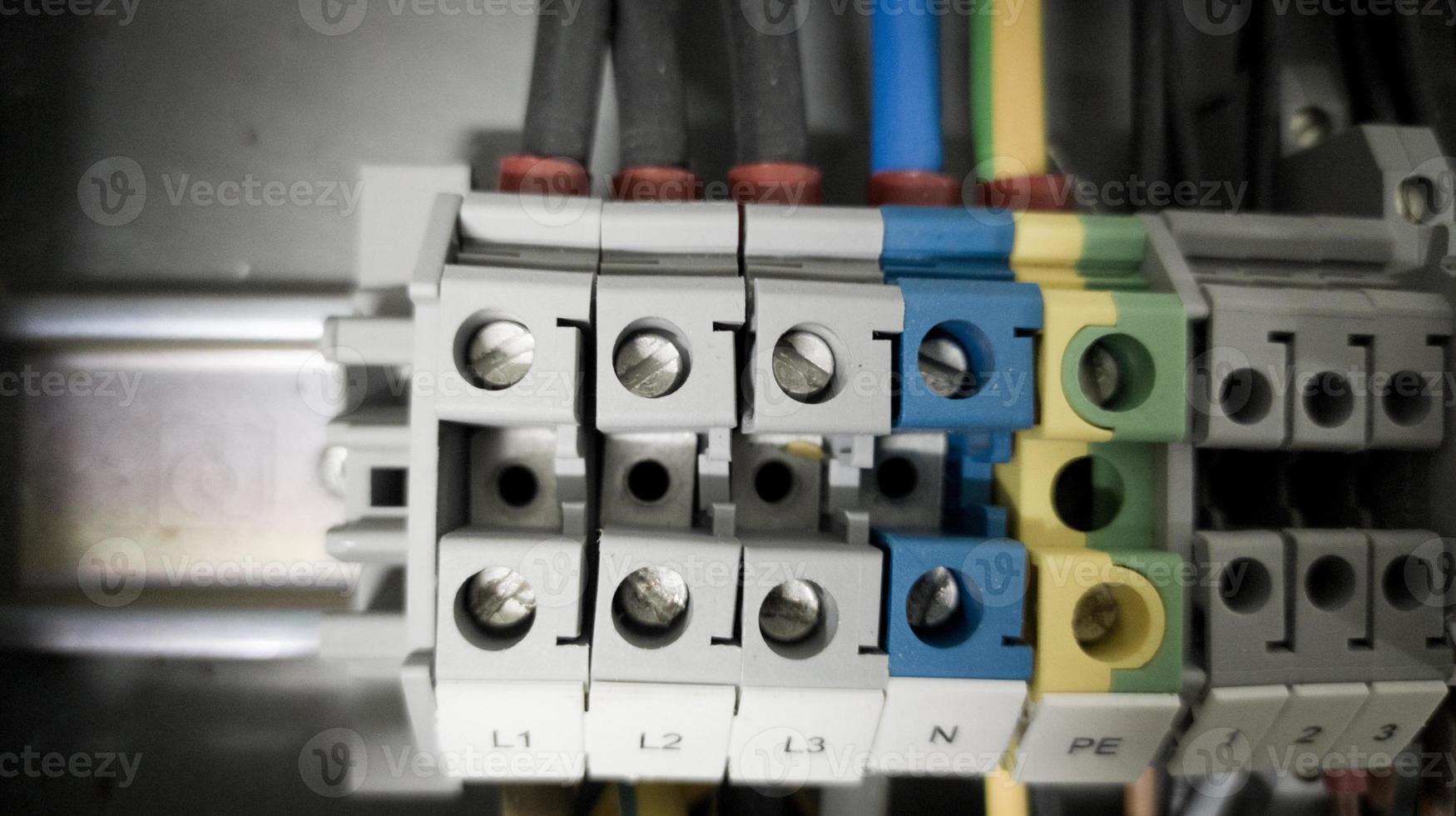 Terminal connection cable power three phase , nol and grounding for panel circuit line. photo