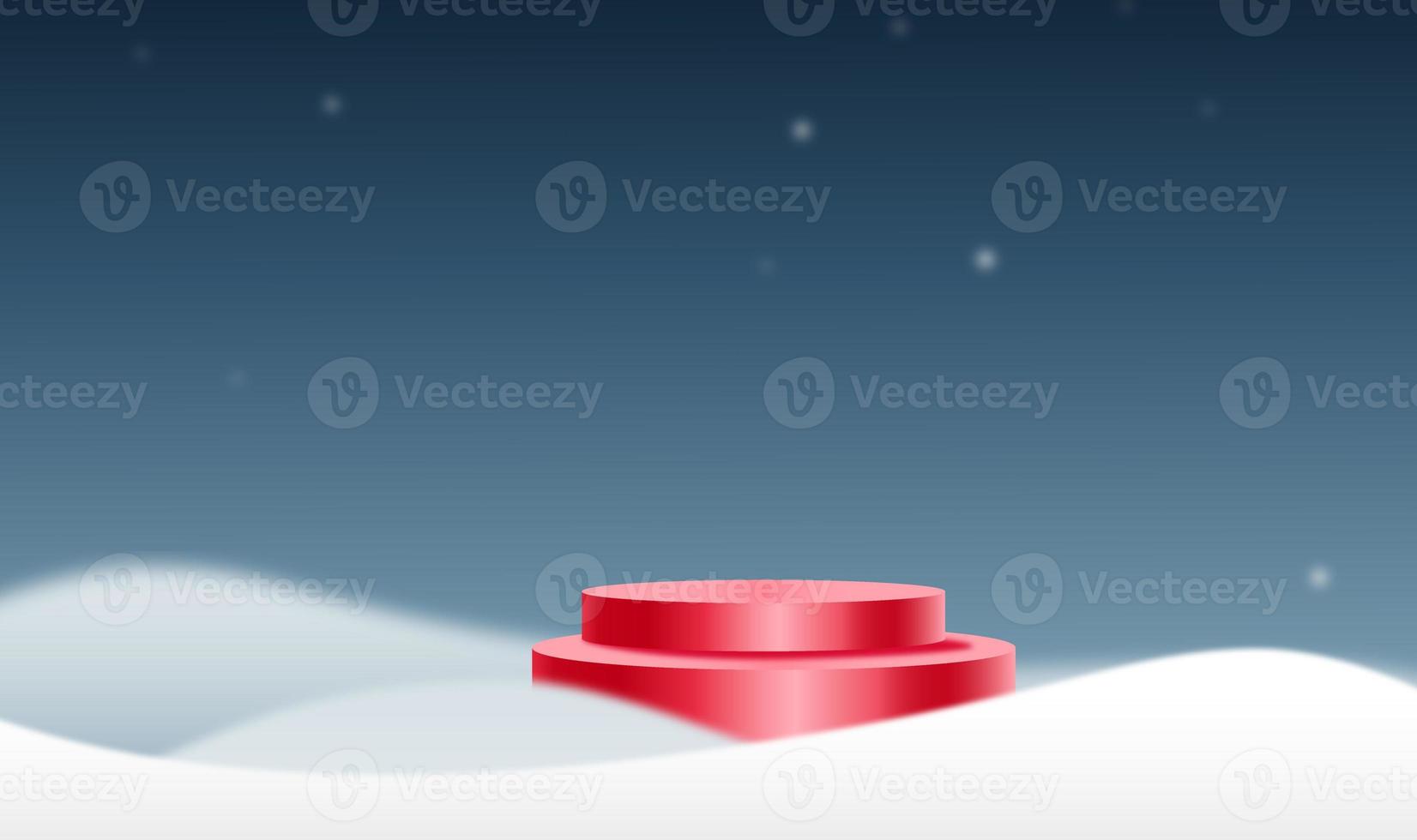 Red podium on Christmas bokeh falling snow with snowy landscapes isolate on png or transparent  background with sparkling  snowflake, star light  for New Year, Birthdays, Special event, luxury card, photo