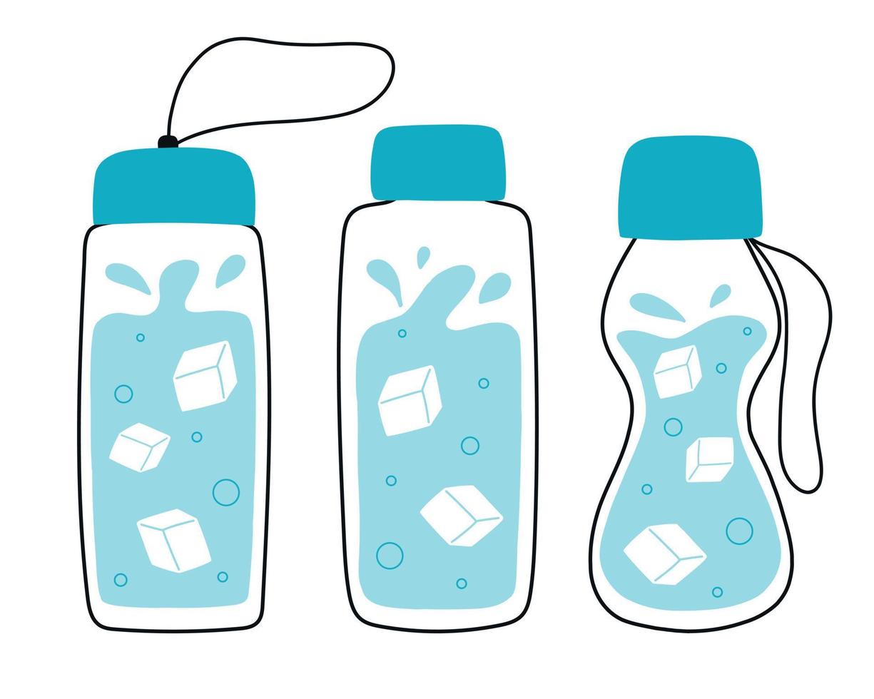 Set of cold water bottles. Collection of water and ice bottles. vector illustration. Doodle style. Reusable bottle.