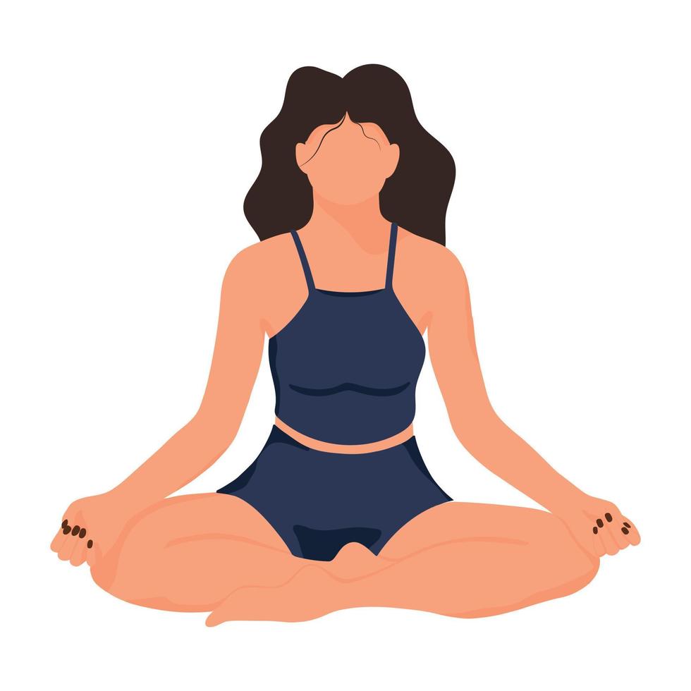 Woman in lotus position doing yoga. The girl is meditating. Vector illustration isolated on white background. Flat style.