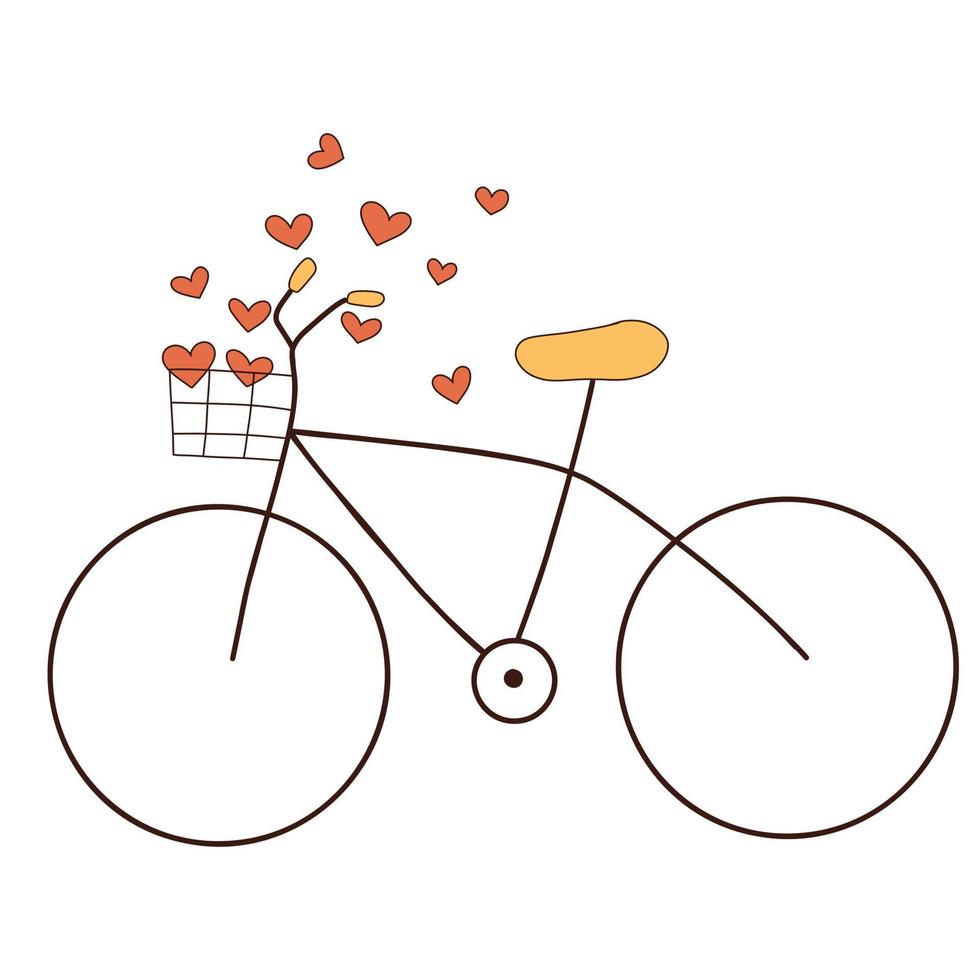 Groovy retro bike with hearts on a white background. Vector illustration in flat hand drawn style. Happy Valentines Day 70s 60s retro style.