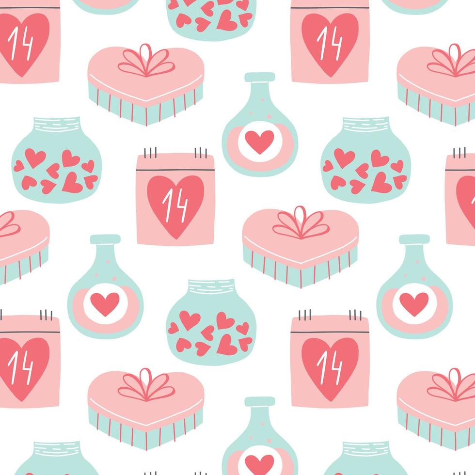 Cute seamless pattern for valentines day. Pattern with hearts, jar, gift. Romantic print. Vector illustration. Flat style.