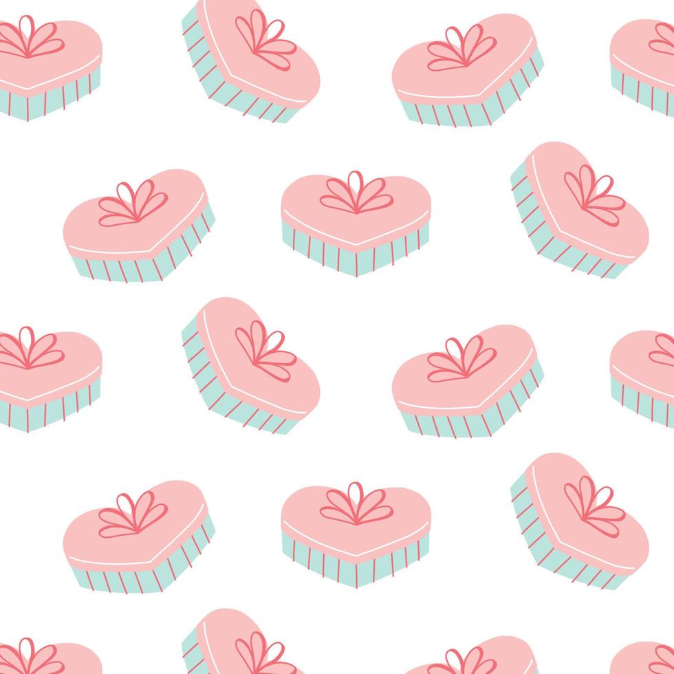 Cute seamless pattern with a heart shaped gift. Print for valentines day. Vector illustration . Flat style. Pattern with gift box.