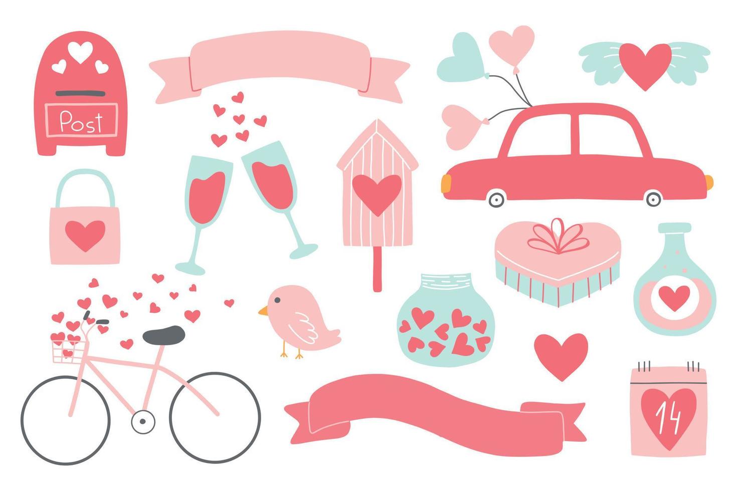 Set of valentines day elements. Collection of gift, bird, heart, calendar, mailbox. Vector illustration in a flat hand drawn style.