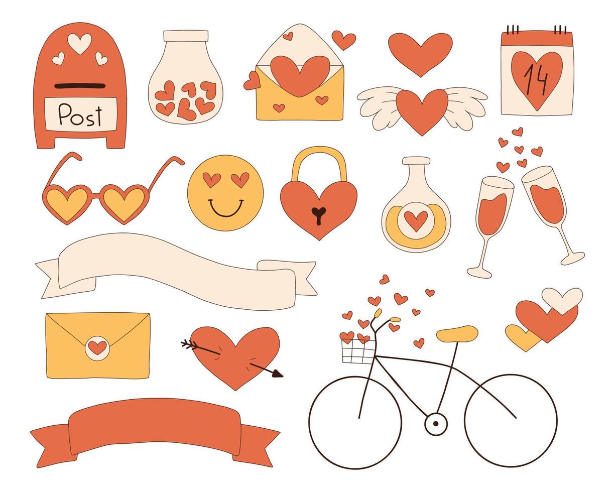 día de san valentín retro. conjunto de elementos retro maravillosos para el día de san valentín. colección de corazones, correo, amor, gafas al estilo de los años 70. ilustración vectorial vector