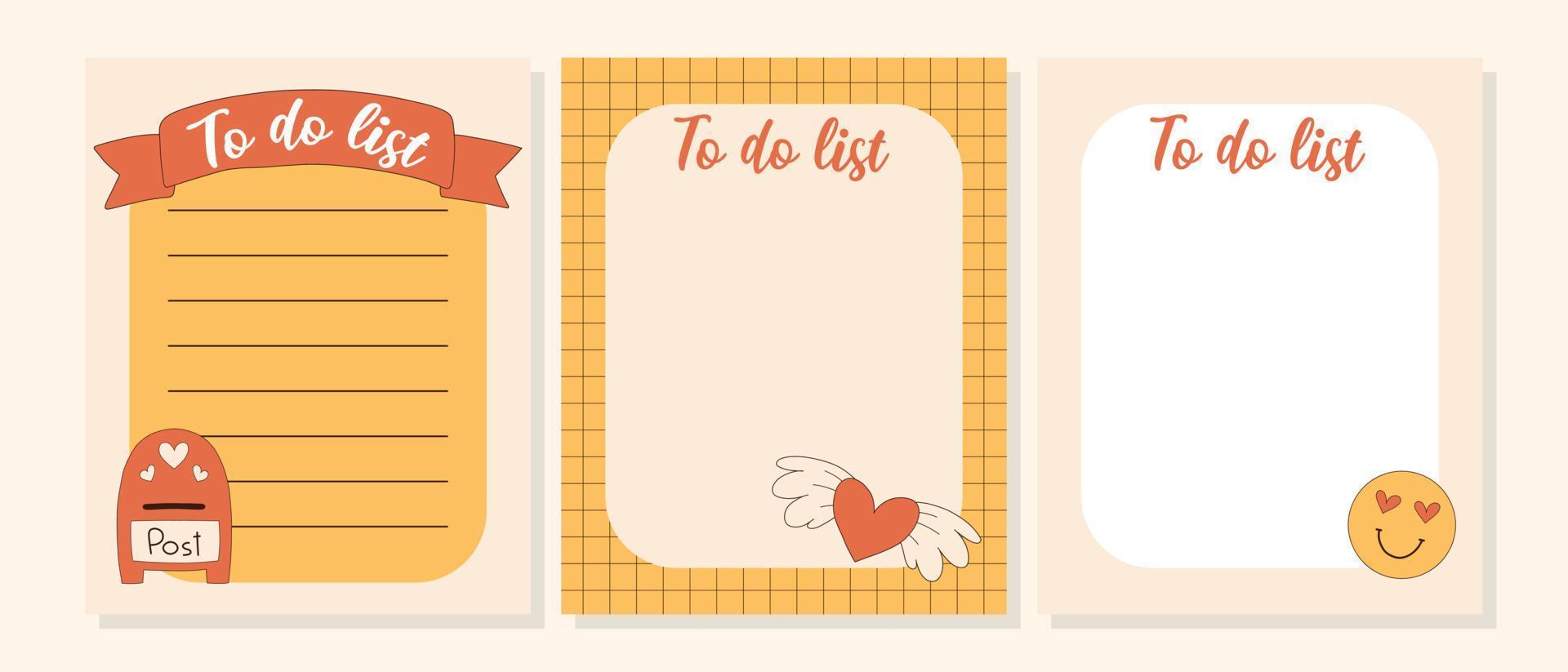 Groovy To Do List Template Set .Collection Checklist, trendy planner or organization. Vector illustration in retro style.