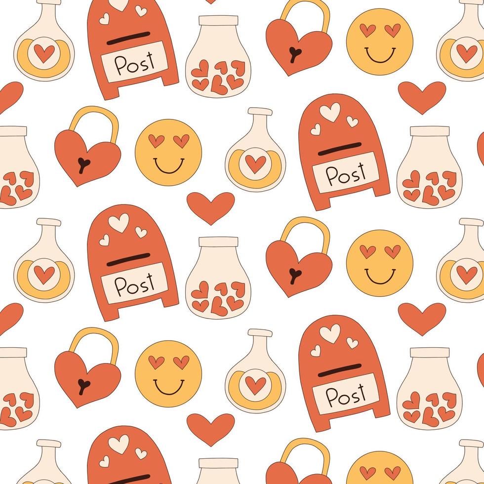 Seamless retro pattern for valentines day. Groovy pattern in retro 70s. Vector illustration.