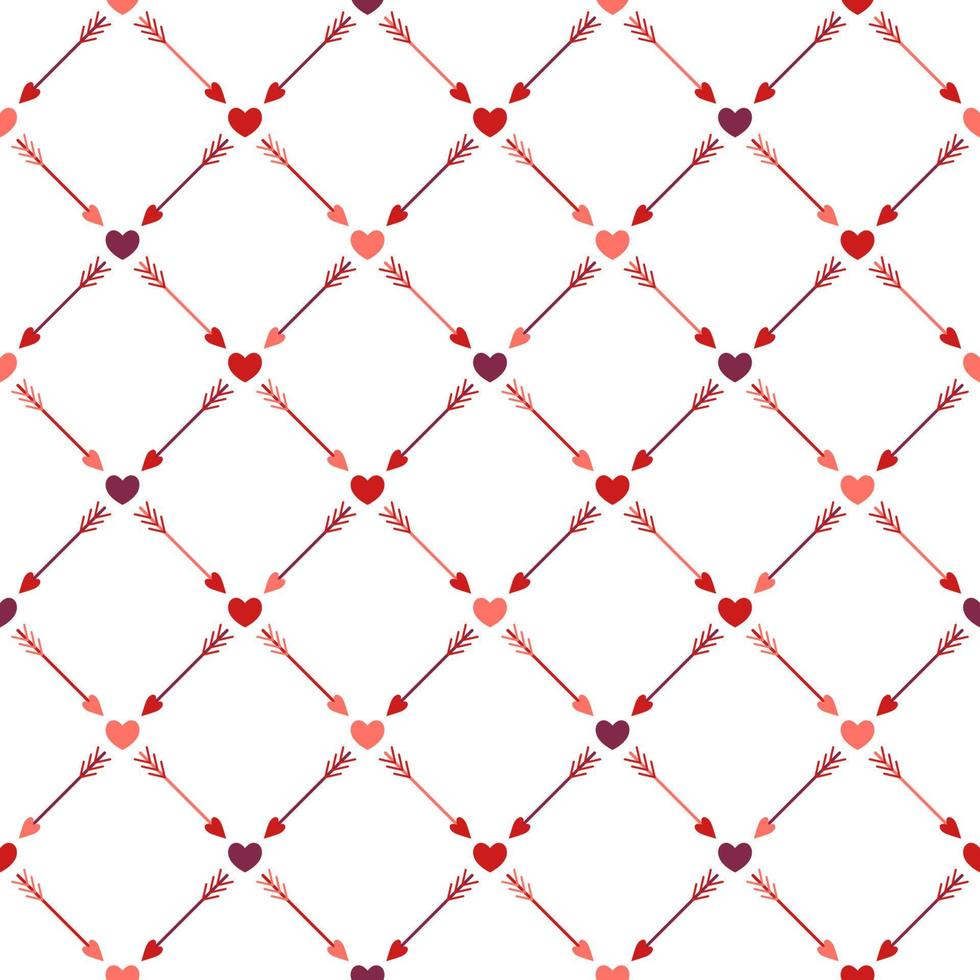 Seamless pattern with diagonal grid, cupid love arrow, small hearts. Vector pattern for decoration of wedding, engagement event, Valentines day