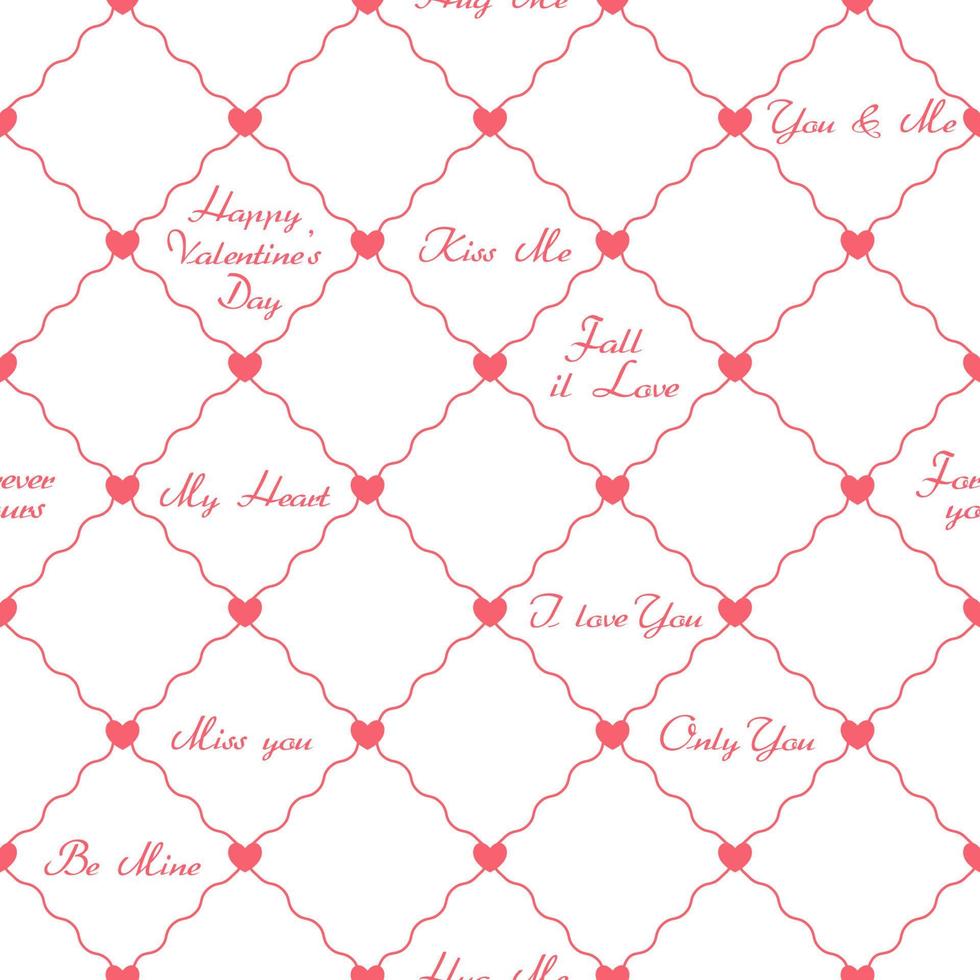 Seamless pattern with diagonal grid, thin wavy lines, small hearts, short love phrases. Vector pattern for decoration of wedding, engagement event, Valentines day