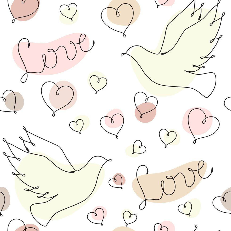 Seamless pattern with single line drawing of romantic symbols. Dove, hearts, word Love. Pastel color spots on background. Decoration for Wedding and Valentines day. Vector