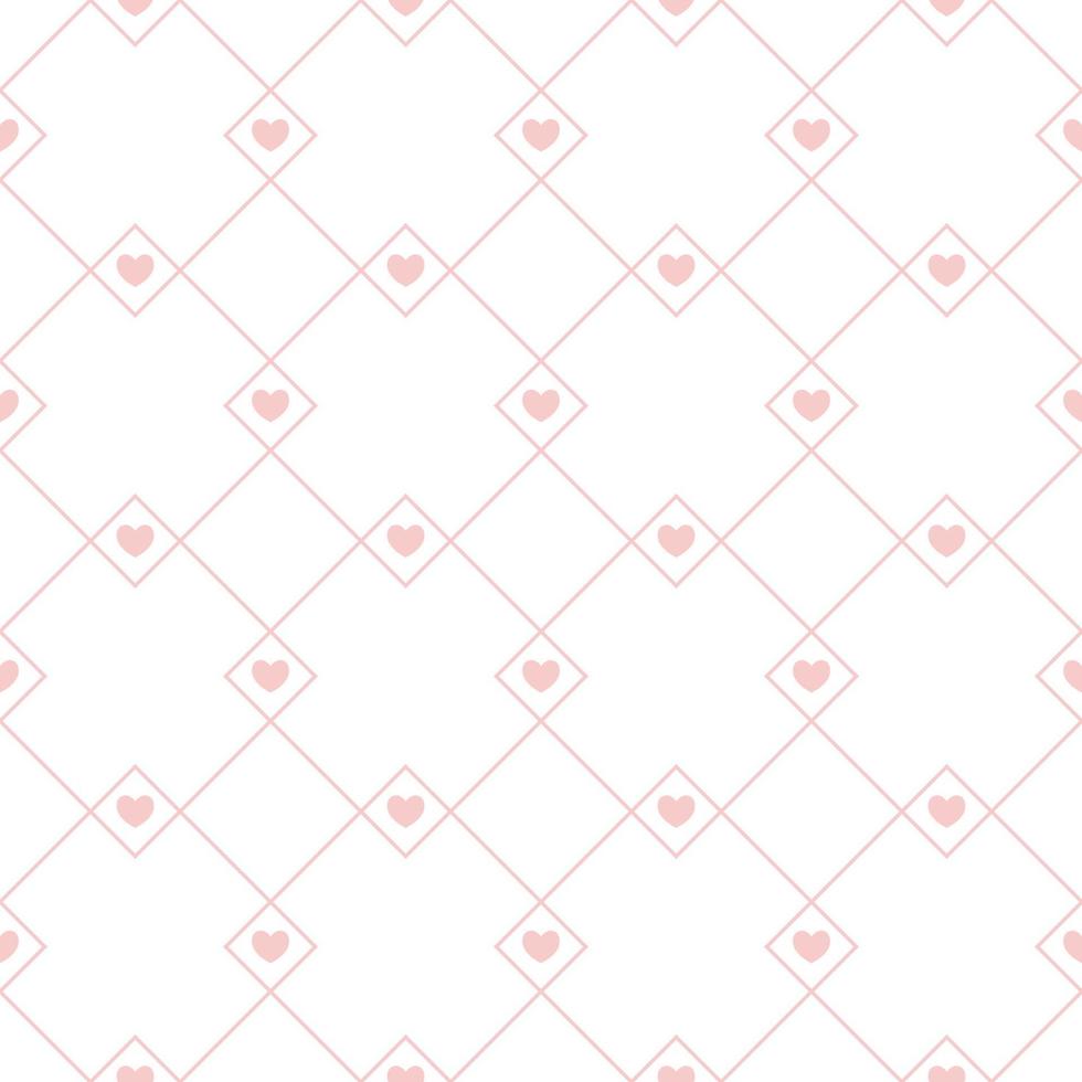 Seamless pattern with diagonal grid, thin lines, small hearts, squares, rhombuses. Vector pattern for decoration of wedding, engagement event, Valentines day