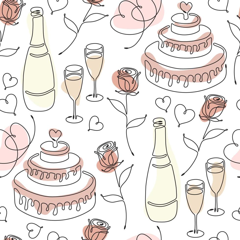 Seamless pattern with single line drawing of romantic symbols. Cake, rose, hearts, wine glasses, champagne bottle. Pastel color spots on background. Decoration for Wedding and Valentines day. Vector