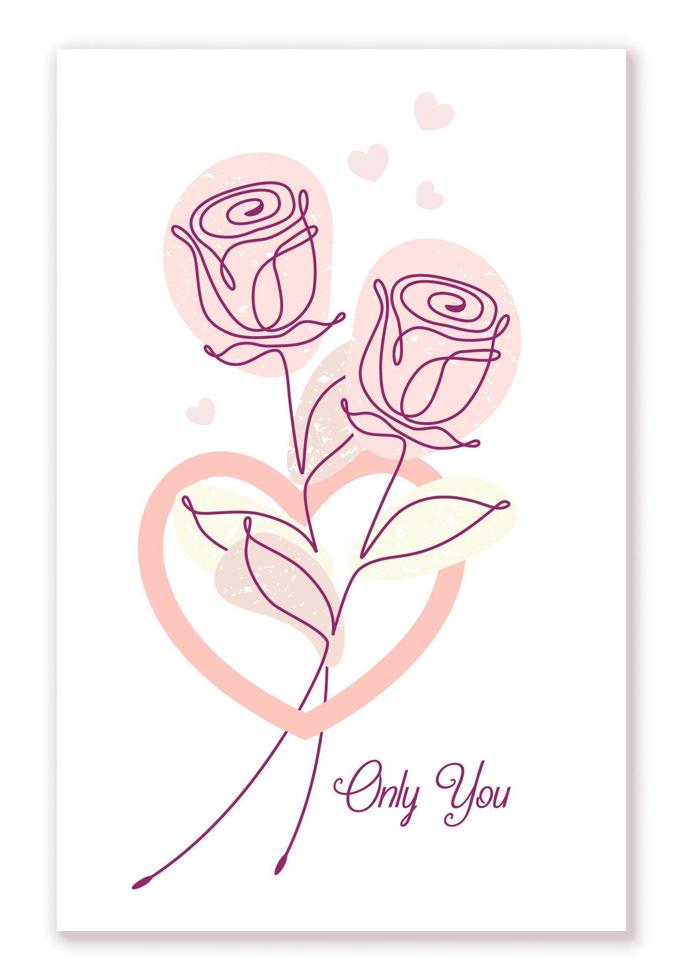 Valentine card with two roses, heart, abstract pastel color shapes, love short phrase. Minimal laconic graphic style with one line drawing. vector