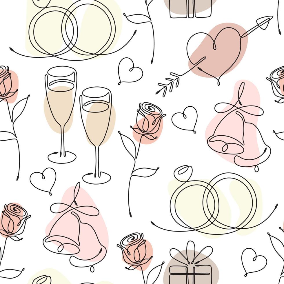 Seamless pattern with single line drawing of romantic symbols. Rose, hearts, bells, wedding rings, wine glasses, gift box Pastel color spots on background Decor for Wedding and Valentines day Vector