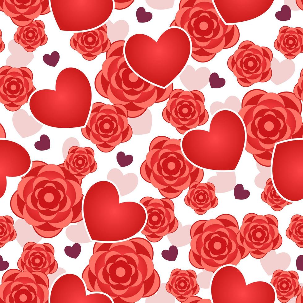 Valentines day seamless background with romantic symbols, heart, rose, flower. Vector pattern for decoration of wedding, engagement event, Valentines Day.