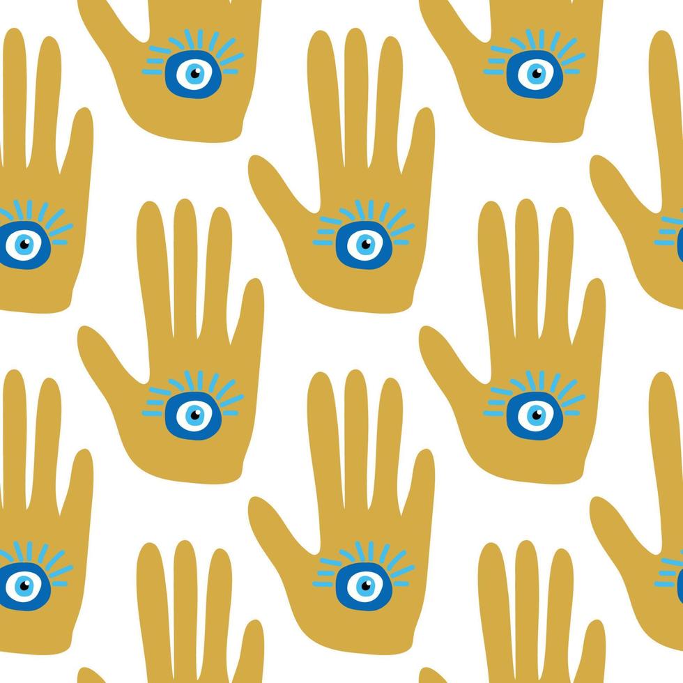 doodle seamless pattern Hamsa eye, magical eye, decor element. Pink, green, golden eyes. Fabric textile vector