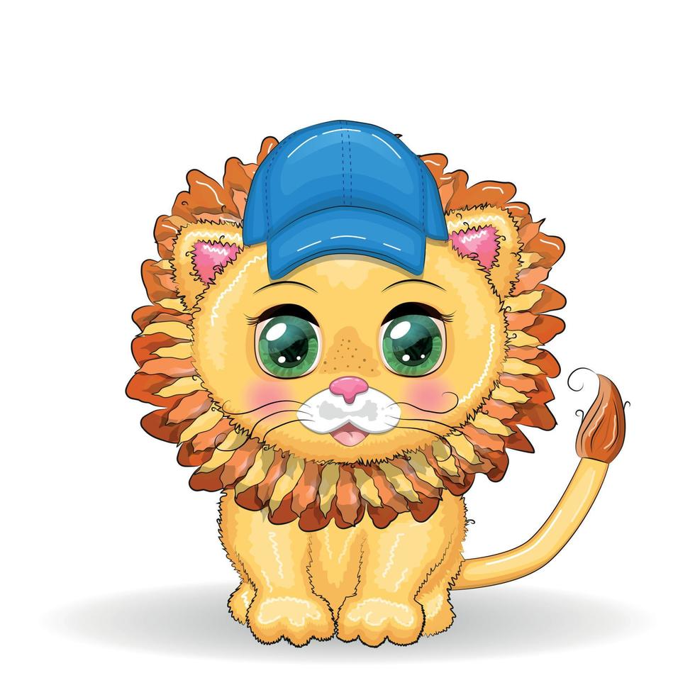 niño león de dibujos animados con gorra azul con hermosos ojos, tarjeta para niños vector