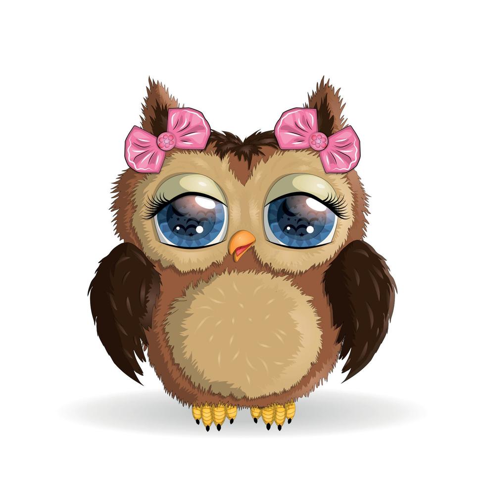 Cute Cartoon Owl on a meadow with flowers and butterflies vector