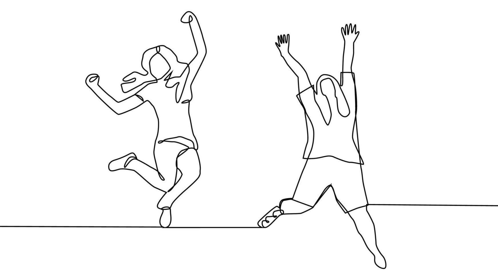 dibujo de línea continua de cuatro miembros felices saltando del equipo vector