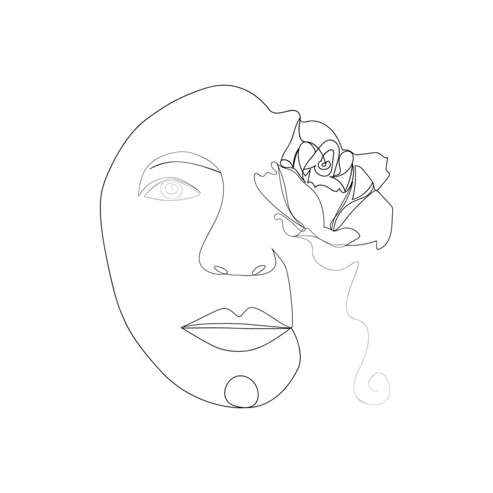 Woman face with flowers one line drawing. Half of the face is a flower. Continuous line drawing art. Nature cosmetics. vector