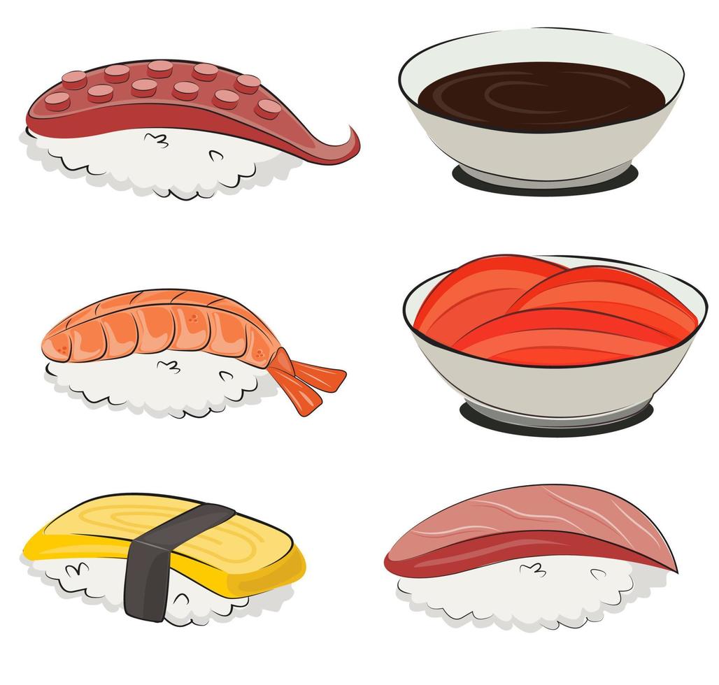 cocina japonesa, juego de comida asiática. para menús de restaurantes y carteles. sitios de entrega vector ilustración plana aislado sobre fondo blanco. conjunto de salsa de soja onigiri de rollos de sushi. imagen de stock