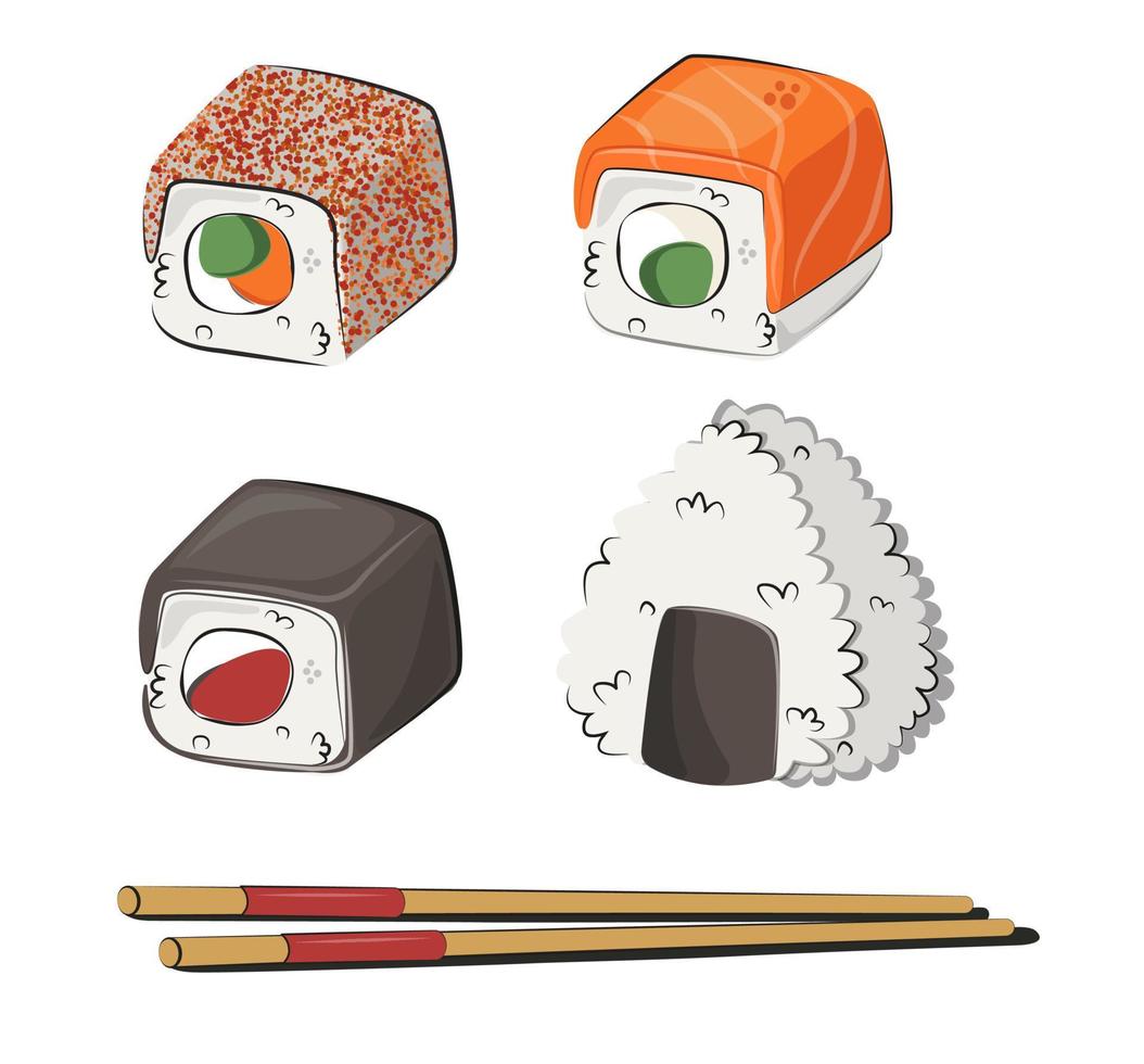 cocina japonesa, juego de comida asiática. para menús de restaurantes y carteles. sitios de entrega vector ilustración plana aislado sobre fondo blanco. conjunto de salsa de soja onigiri de rollos de sushi. imagen de stock