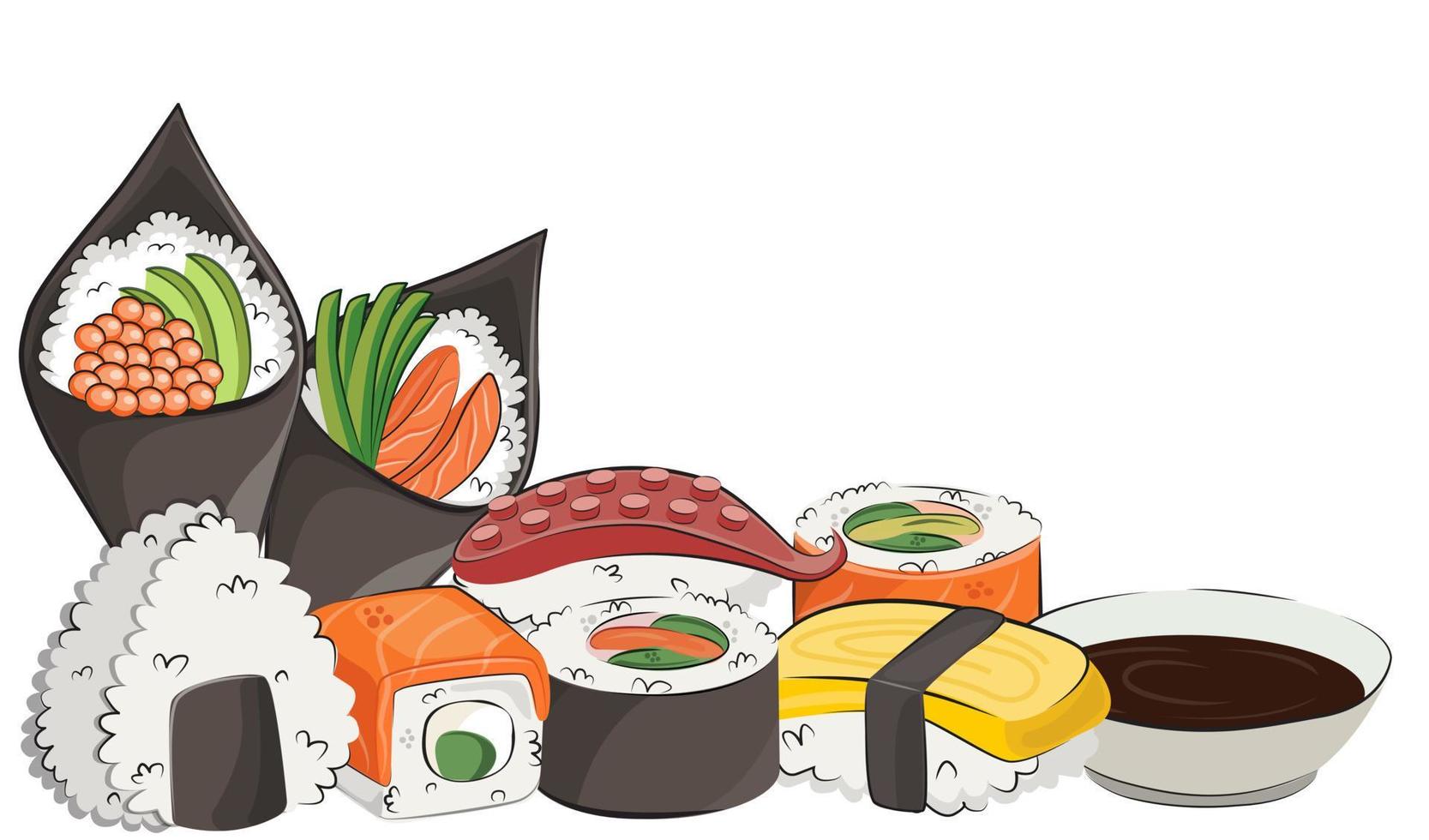 japanese cuisine, asian food. for restaurant menus and posters. delivery sites vector flat illustration isolated on white background. sushi rolls onigiri soy sauce set. stock picture