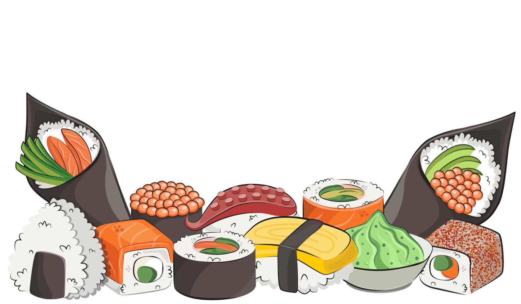 cocina japonesa, comida asiática. para menús de restaurantes y carteles. sitios de entrega vector ilustración plana aislado sobre fondo blanco. conjunto de salsa de soja onigiri de rollos de sushi. imagen de stock