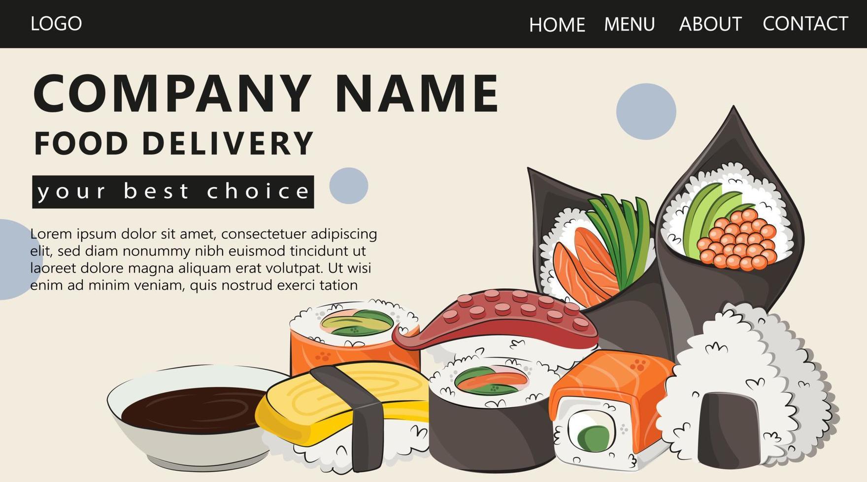 Asian food, Japanese food. web pages for delivery sites, sushi rolls onigiri soy sauce, ramen, wok, noodles vector