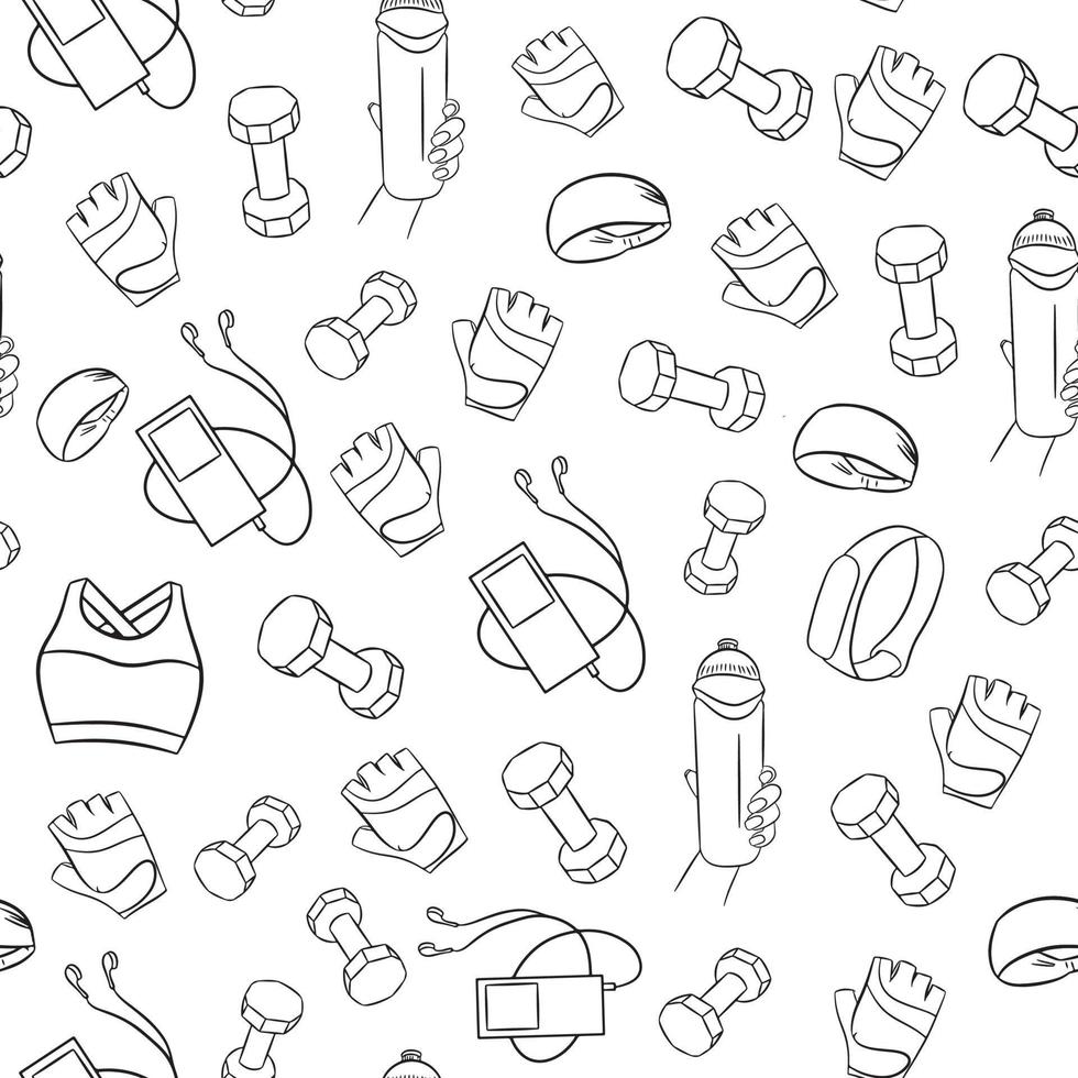 Seamless pattern of sports dumbbells, smart watches, fitness clothes. vector